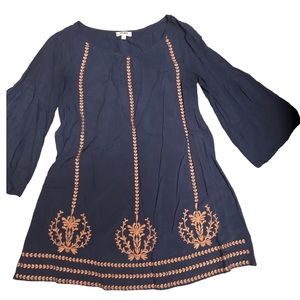 Umgee Embroidered Bell Sleeve Dress ChambrayTunic, S